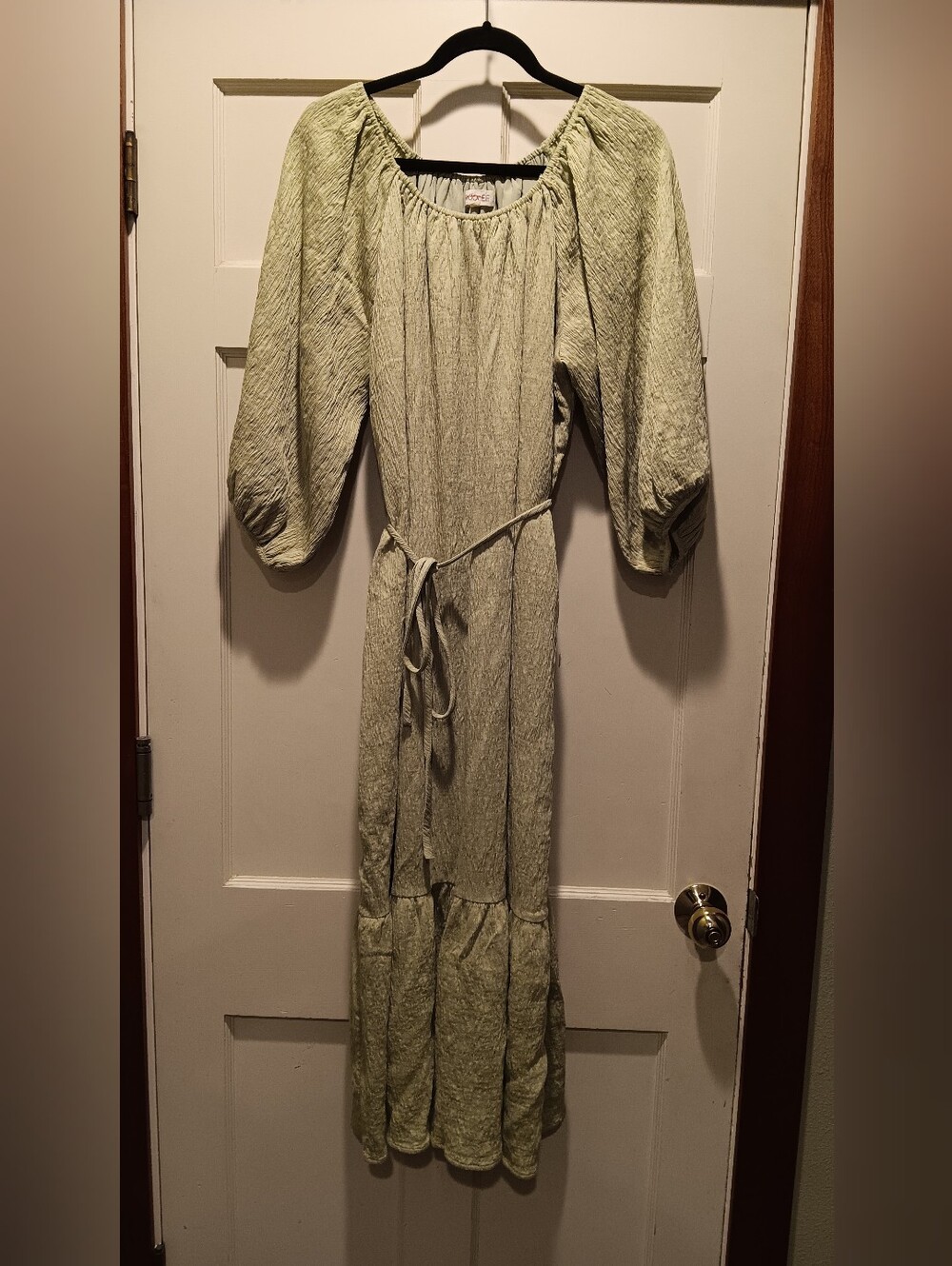 Roolee XL Sage Green Peasant Maxi Dress with Tie Waist.